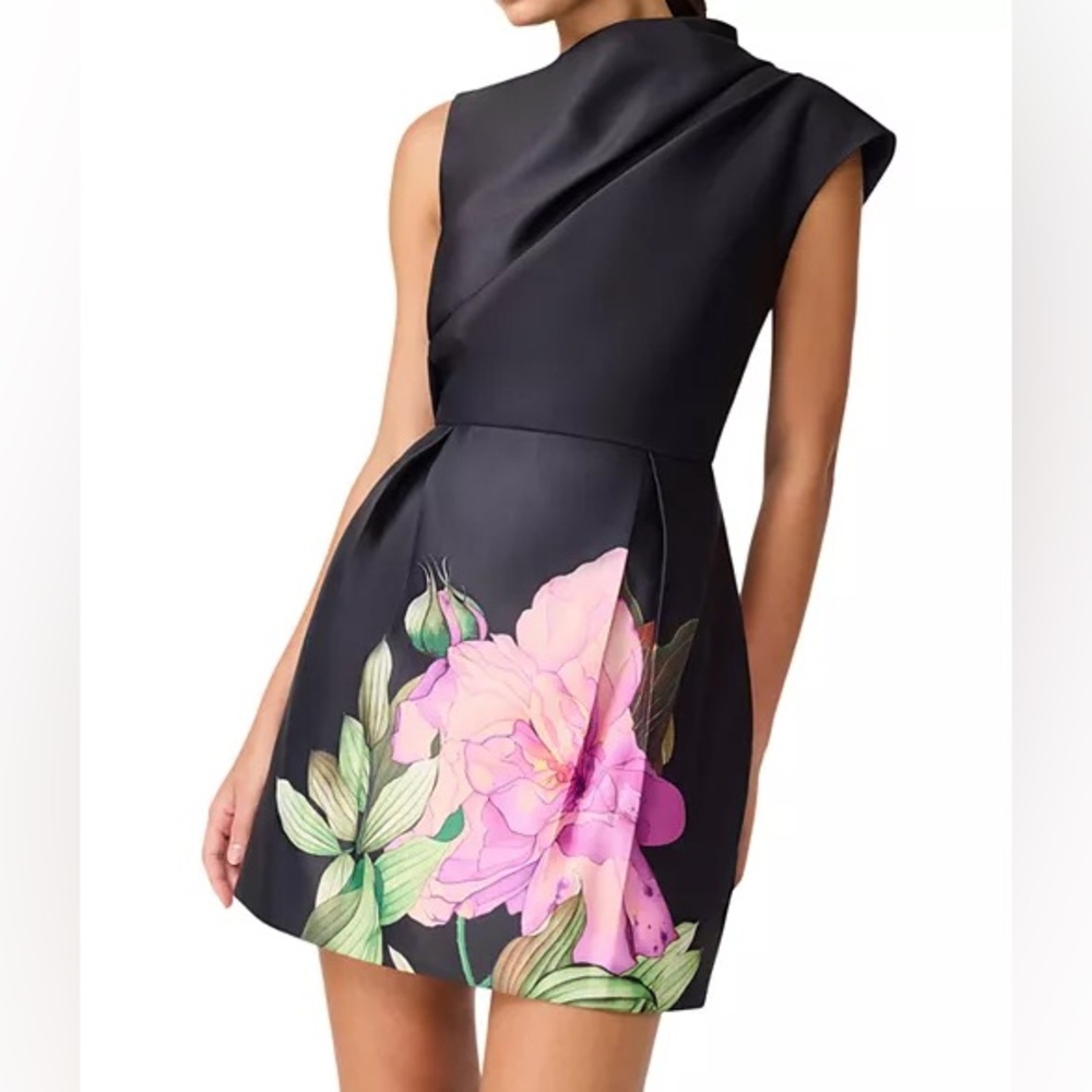 elliatt azelie black asymmetrical draped pink floral print mini dress